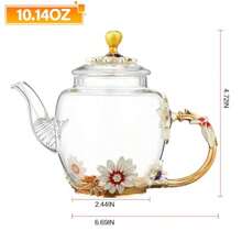 Tetera de vidrio - 300 ml 10 oz con decoración de flores, tetera de vidrio resistente al calor con borde dorado con hoja y patrón floral retro, juego de té (rosa) - Rosa - Ver 3