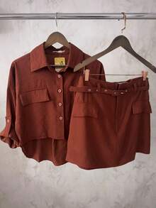 Marrant Women's Set | Three-Quarter Sleeve Shirt And Skort | Faux Pockets | With Belt - 駝色 - 查看 1