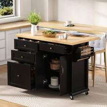 Ilha de cozinha móvel com rodízios e mesa de jantar extensível, carrinho de cozinha com gavetas multifuncionais, ideal para cozinha e sala de jantar (preto) - Preto - Ver 4