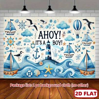 2D Flat, 2D Flat Banner, 1pc Nautical "It's A Boy!" Party Banner, 8x6 Ft Vibrant Sailboat And Lighthouse Design, Suitable For Kids Party, Home And Garden Outdoor Decor, With Rope And Anchor Pattern, Nautical Decor Backdrop, 2D Flat, Home Decor, Rope Pattern, Sailboat Pattern, Lightweight Material, Photo Booth Background, Celebration Banner, New Parents, Party Planner