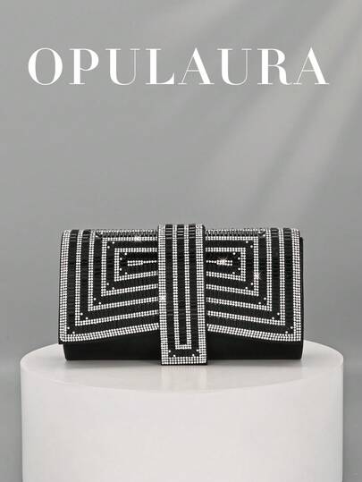 1pc OpulAura Black Glamorous Chain Crossbody Bag With Sparkling Diamond Decor, Magnetic Closure Design, Elegant Fashion Choice For Women's Birthday Party And Charming Nights