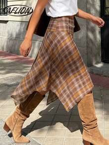 Aflion 女士新款春夏棕黄格纹印花腰部不对称下摆中长裙 - 复古休闲连衣裙，适合约会、派对、日常休闲、学院风、度假、音乐节和周末出游 - 彩色 - 查看 4