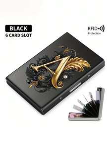 Premium Stainless Steel RFID Blocking Metal Letter A-Z Pattern Wallet For Men - Stylish Black Metallic Card Holder With Multi-Compartment Design, Perfect Father's Day Gift | Polished Finish & Silvery Tone, Women's Metal Card Case - Multicolor - View 6