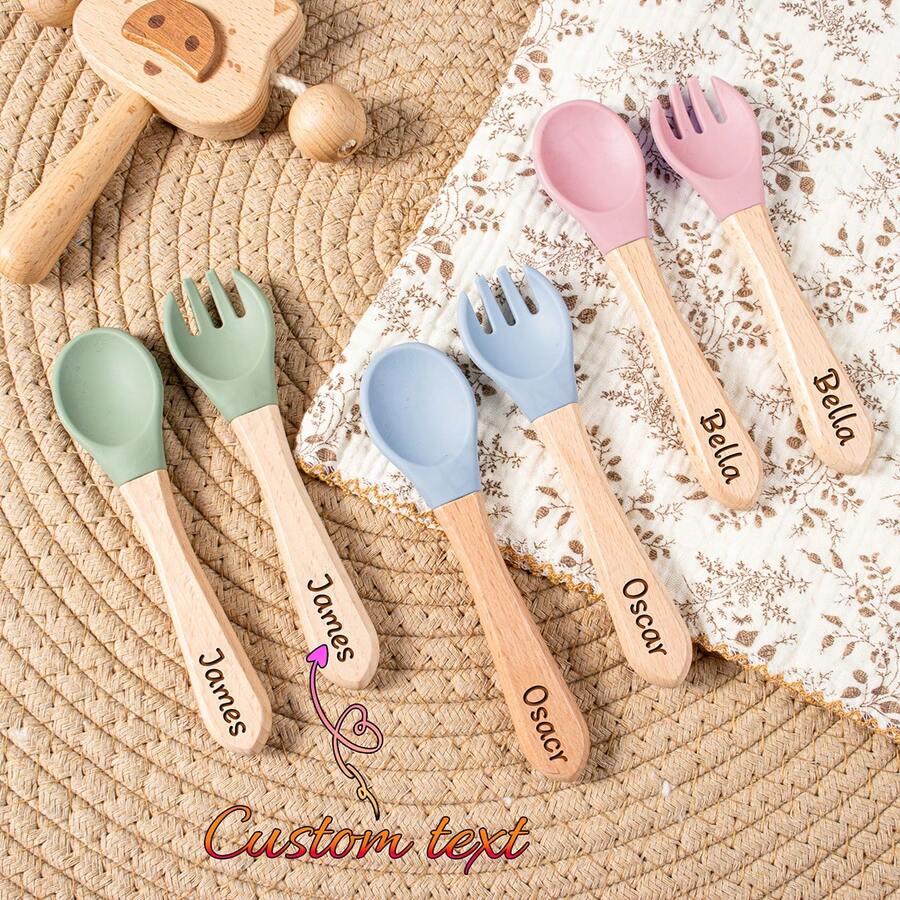 Customized Text Logo Fork & Spoon Set, Silicone Utensils With Wooden Handles, Personalized Name Engraved, Vibrant Colors Suitable For Young People, Durable Cutlery - Multicolor - View 1