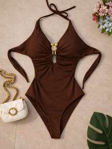Bare Back / Backless Cutout / Cutout Ring Beach Vacation - Chocolate Brown - View 2
