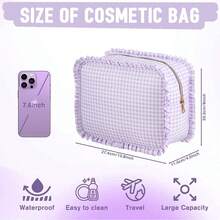 Toiletry Bag Gingham Ruffle Makeup Bag,Large Travel Cute Cosmetic Bag For Women Girls,Toiletry Bag Make Up Organizer 10.8 X 4.5 X 8 Inch (Purple Gingham) - 粉紅格子 - 查看 6