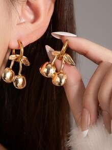 2pcs Shiny Gold Cherry Earrings, Fashionable Niche Elegant Earrings For Women - Gold - View 4