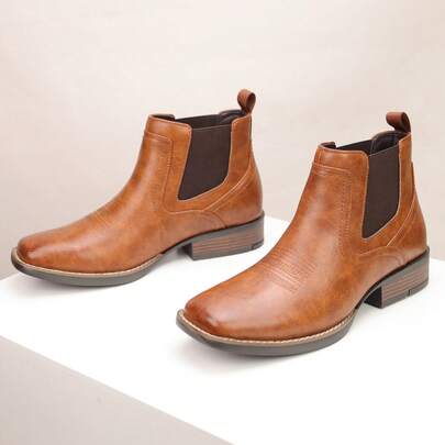 Cowboy Boots For Men Square Toe, All-Weather Slip-On Work & Casual Western Chelsea Boots