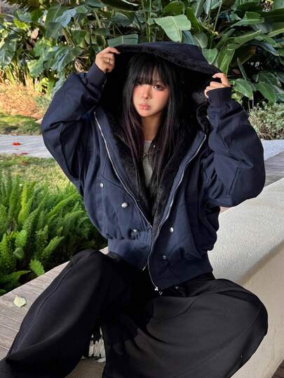 女士超大款连帽保暖外套，宽松美式棉质外套