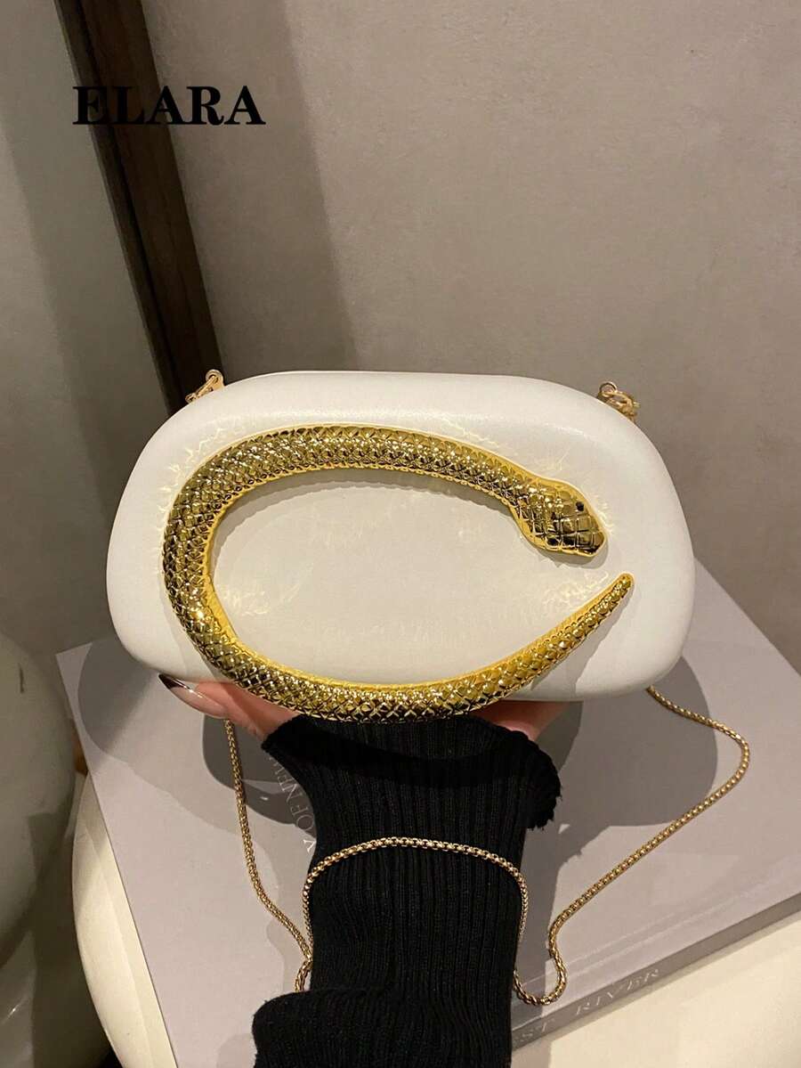 小众设计高端蛇纹金属细节装饰盒式手拿包，新款女士晚宴包，适合派对、宴会、舞会，时尚链条单肩斜挎包，化妆包，手机零钱包