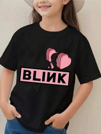 Girls' tops, boys' T-shirts, base tops, base short sleeves, suitable for both men and womenGráfico de martillo con forma de corazón rosa que simboliza fuerza y cariño acompañado de la palabra BLINK en tipografía moderna sobre fondo rosado camiseta 100% algodón ropa para niños cómoda y ligera White 100% pure cotton, trendy and cool sports style, parent-child outfit, is a good gift for children