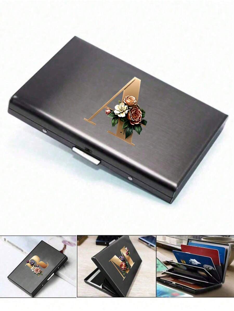 6 Card Slots Slim Card Case, Metal Color Initial Name A To Z Pattern Wallet Id Bank Credit Card Holder Minimalist Thin Aluminium Metal Wallets Bank Card Box RFID Women Purse Men Metal Card Holders Organizer,Valentine's Day, Wedding Season, Gift For Guests, Bridesmaid Gift, Ramadan - Multicolor - View 1