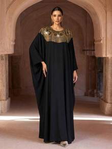 新款优雅宽松黑色长袍，带流苏蝙蝠袖 - 黑色 - 查看 9