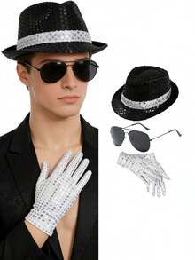 3pcs Music King Costume Set, Includes Hat, Sequin Gloves, Sunglasses, Adult Costume For Party, Halloween, Skeleton Dance King Outfit