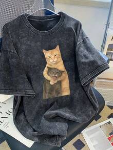 Funny Cat Print Short Sleeve T-Shirt, Cute Personalized Small Batch Design Top, Plus Size Women's T-Shirt, Washed Cotton T-Shirt, Plus Size Casual Daily Wear, Snowflake Pattern Fabric, Plus Size Comfortable Round Neck Casual Top, Vintage Distressed T-Shirt, Plus Size Women's Clothing, Spring/Summer Apparel