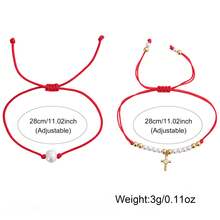 1PC Fashion Simple Cross Bracelet, Micro Inlaid Copper Cross Bracelet, White Faux Pearl Bracelet, Copper Bead Bracelet, Red Luck Bracelet, Lucky Bracelet, Red Adjustable Woven Bracelet, Sisters Bracelet, Couple Bracelet, Birthday Gift, Valentine's Day Gift, Family Gift, Anniversary Gift