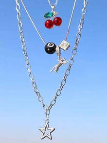 3pcs Leopard & Cherry Necklace Set, 8-Ball Billiard Dice Charm Necklace, Red Cherry Necklace, Fashionable Star Necklace, Classic Leopard Necklace - Bạc - Xem 12