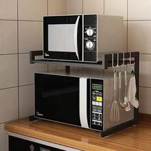 2 Tiers Adjustable Kitchen Shelf With Hooks, Microwave Oven Rack, Rice Cooker Rack, Iron Storage Organizer For Small Spaces/Countertops/Corners/Pantry, Black - 2 Tiers: 39-63*36*42cm - View 8