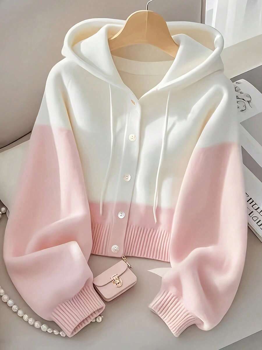 Women's Solid Color Drop Shoulder Long Sleeve Single-Breasted Hooded Knit Cardigan Women's Casual Contrast Color Long Sleeve Hooded Knit Cardigan Sweater Front Button Casual Solid Color Long Sleeve Hooded Knit Cardigan - 淺粉紅色(HOT) - 查看 1