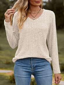 Women's Cozy Long Sleeve Tunic Tops Soft Ribbed Knit Sweater V-Neck Pullover Shirts For Casual Fall And Winter Wear - Màu be - Xem 2