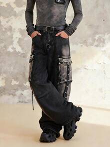 1件美式复古废土风格解构多口袋黑色宽松阔腿工装牛仔裤。（不含腰带和配饰） - 黑色 - 查看 5