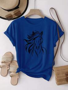 Western Style Simple Horse Pattern Printed Short Sleeve T-Shirt 4737 - Unisex Loose Fit Comfortable Vintage Street Style Cotton T-Shirt Top - 藍色 - 查看 1