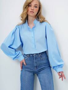 Elegant Casual Women Long Sleeve Stand Collar Button Down Shirt Blouse - Blue - View 1
