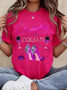 Birthday Squad T Shirt Women Party Celebration Graphic Tee Pink Heels Wine Glass Design Casual Fashion Top - 粉色 - 查看 1
