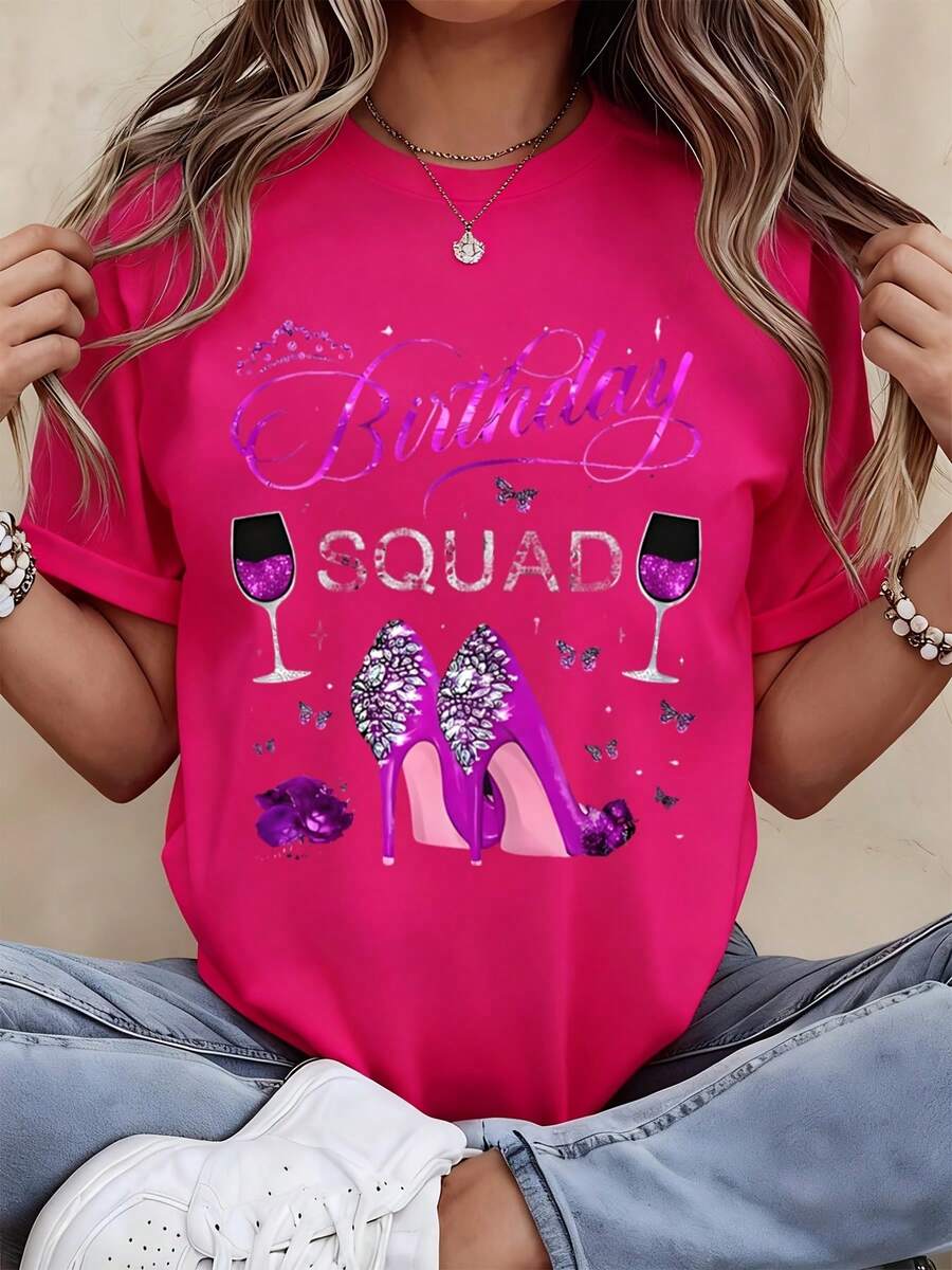 Birthday Squad T Shirt Women Party Celebration Graphic Tee Pink Heels Wine Glass Design Casual Fashion Top - 粉色 - 查看 1