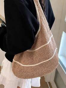 Yogodlns 春夏编织手提包，多巴胺色单肩/腋下包，休闲镂空沙滩包，纯色针织单肩包，极简撞色钩针手提包，百搭镂空休闲编织手提包 - 卡其色 - 查看 5