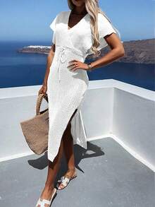 2026新款V领侧开衩抽绳腰镂空纯色针织长裙，女士夏季连衣裙，女士夏季套装，女士沙滩装，女士沙滩裙，女士度假套装，女士假日连衣裙，女士度假服，女士优雅连衣裙，女士夏季度假套装，女士休闲连衣裙，女士邮轮服，女士演唱会套装，女士生日套装，波西米亚风夏季度假套装，抽绳腰连衣裙 - 白色 - 查看 5