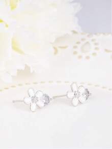 925 Sterling Silver Earrings, Fashionable Cubic Zirconia Flower Stud Earrings, Hypoallergenic, Suitable For Daily Wear, Birthday Gift - Silver - View 4