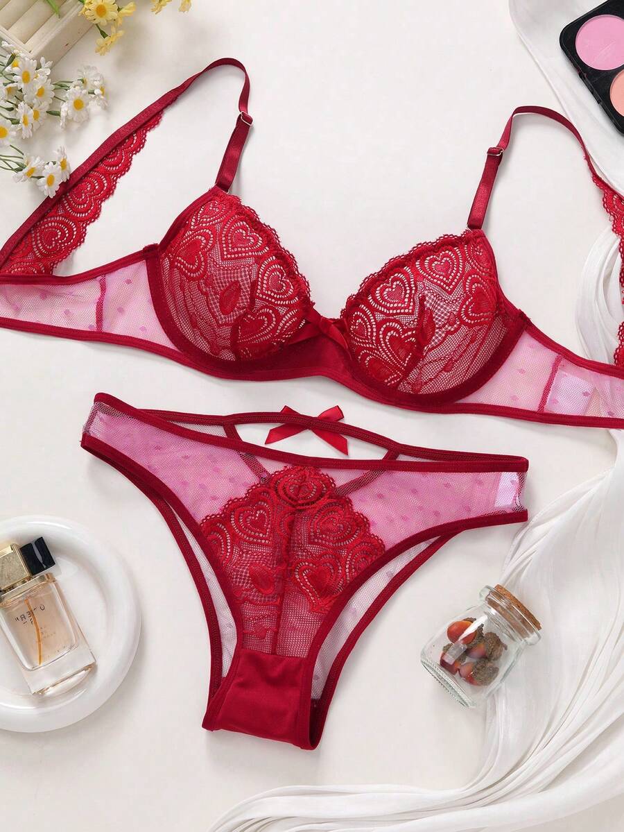 Bộ áo ngực 2 lớp không đệm viền ren đỏ gợi cảm, hai hàng khuy, gọng mềm mại, dây đeo có thể điều chỉnh - Màu Đỏ Sâu - Xem 1