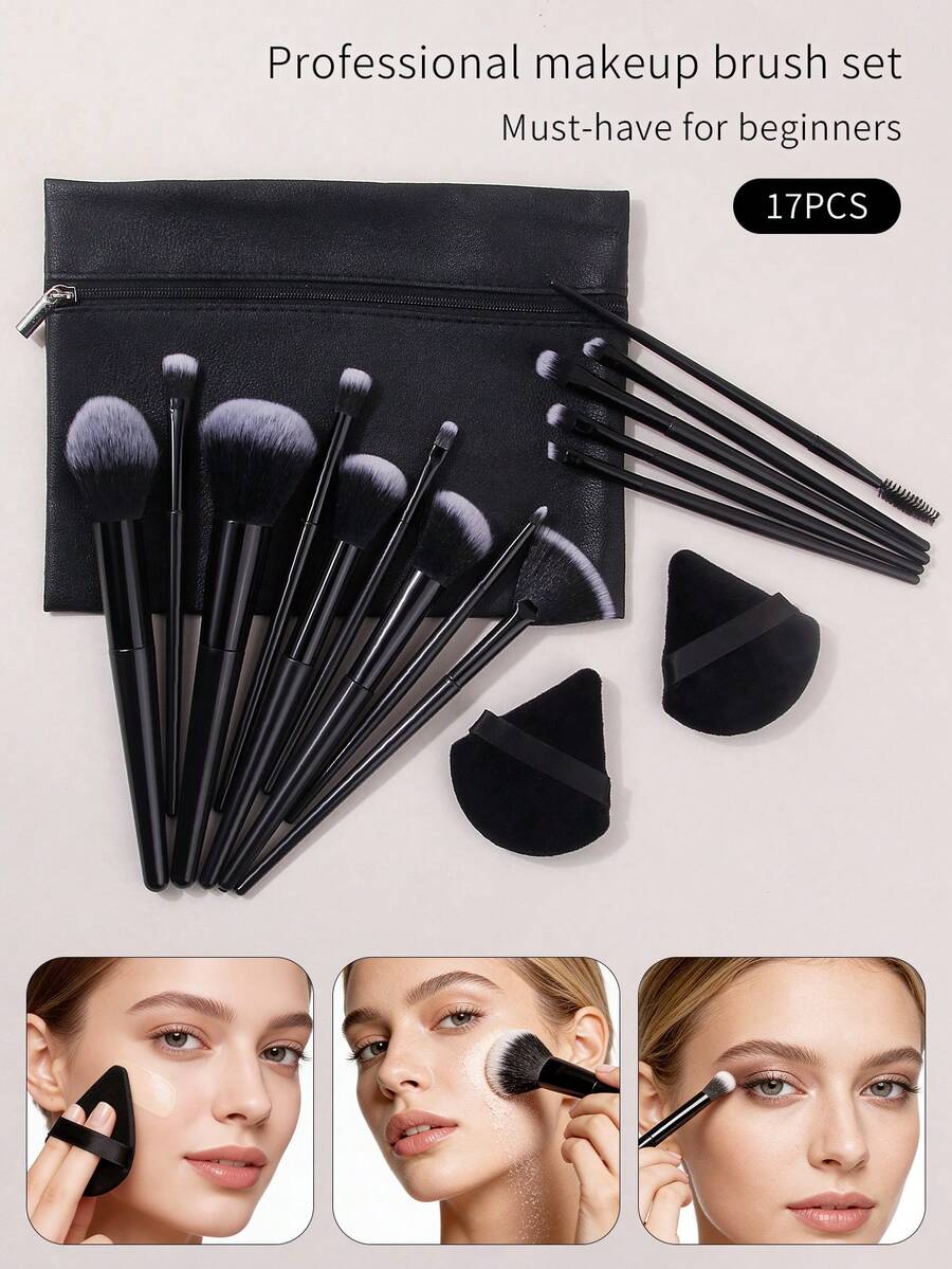 17pcs Travel Portable Makeup Brush Set - Full Face Multi-Purpose Brush Set + Flocked Triangle Makeup Sponge + Large Capacity Zipper Pouch, All-In-One Makeup Tools,Giveaways,Professional Makeup Brushes,Complete Makeup Set