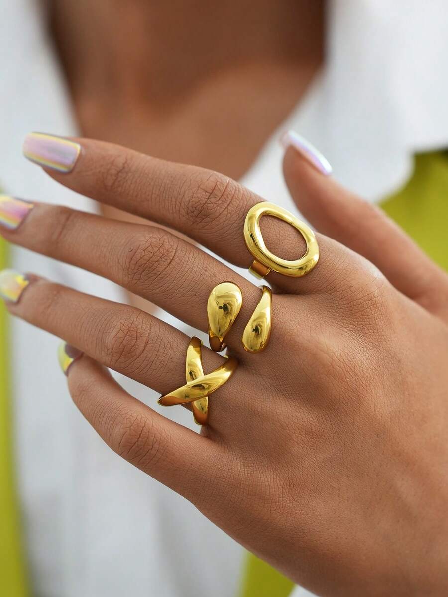 Frminee Bộ 3 chiếc nhẫn hình học bằng thép không gỉ mạ vàng 18K cao cấp, thời trang, tối giản, thanh lịch, độc đáo, tinh tế, thích hợp cho nữ đeo hàng ngày hoặc làm quà tặng.