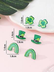 Set de 3 pares de aretes con diseño de trébol brillante y arcoíris para el Día de San Patricio, regalo perfecto para fiestas festivas - Verde - Ver 4