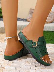 Sandálias Rasteiras Femininas, Chinelos de Praia Slip-On, Sola Grossa, Confortáveis e Elegantes, Design Floral com Corte a Laser Preciso, Adequado para Casa, Exterior, Praia, Caminhada - Verde - Visão 6