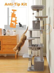 PAWZ Road Torre per gatti alta 164 cm con spaziose amache, grotte e tiragraffi, cuccia per gatti con doppi trespoli imbottiti per gatti da interno di grandi dimensioni - Grigio - Visualizzare 7