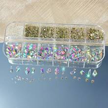 12格12色多形状平底3D美甲水钻，玻璃矿物朋克风金色水晶饰品工具套装，DIY工艺，面部，服装，美甲装饰，美甲饰品，美甲宝石，美甲用品，美甲 - 彩色 - 查看 10