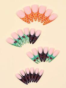 24Pcs Spring Summer Nature-Themed Long Stiletto Press-On Nails 3D Ladybug Leaf Butterfly Pattern Fake Nails - Multicolor - View 2