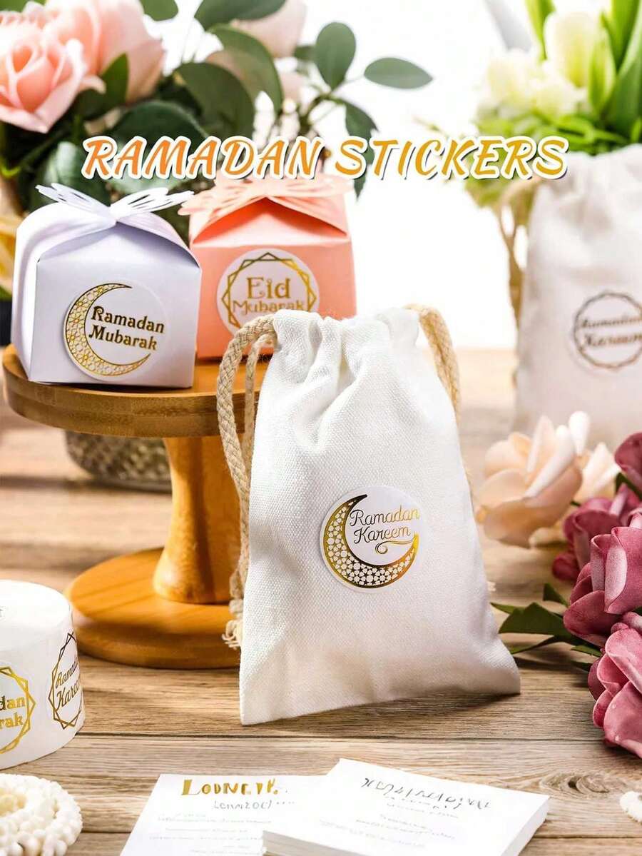 500pcs Gold Foil Stickers, Happy Eid Mubarak, Modern Style, Multi-Surface, Metallic Foil Paper, Round Shape, Eid Theme, Outdoor Use, Gift Packaging Stickers - Gold - View 1