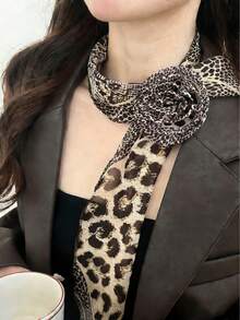 豹纹真丝围巾，时尚优雅女士缎面印花头巾、领巾、发带、时尚女士头巾、披肩、围巾、女士领带