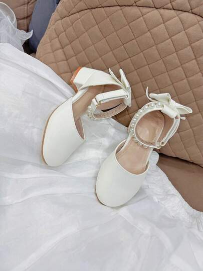 Zapatos de tacón alto de punta redonda a juego para niñas con decoración de lazo, adecuados para fiesta de cumpleaños, banquete, uso diario, elegantes