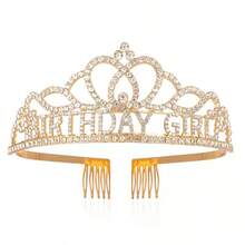 1 Set Gold Crystal Crown + Shoulder Strap, Birthday Girl Crystal Tiara Crown & Glitter Ribbon Set, Gold-Plated Crystal Hair Accessories With Comb, Women/Girls Birthday Party Decorations - Gold - View 5