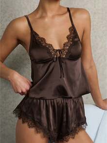 Women Lace Trim Pj Shorts Set Square Neck Coquette Tank Top Silk Satin Pajama Set Babydoll 2 Piece Shorts Outfit - Coffee Brown - View 2