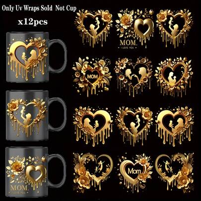 12张/套金色爱心花朵妈妈母亲节设计UV DTF热转印贴纸，卡通图案，耐刮擦3D乙烯基薄膜贴纸，适用于玻璃杯、马克杯、冰箱 - 高品质贴纸，DIY艺术水晶标签，送给妈妈的积极礼物
