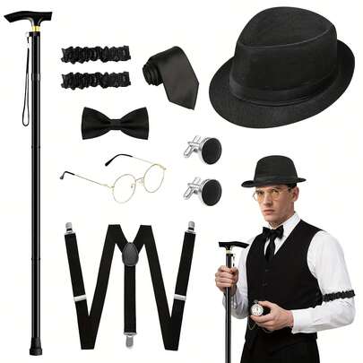 9pcs 1920s Men's Costume Accessory Kit - Vintage Gangster Suit Dress With Hat, Bow Tie, Glasses & Suspenders - Complete Roaring Twenties Outfit For Themed Parties, Masquerade & Speakeasy Events