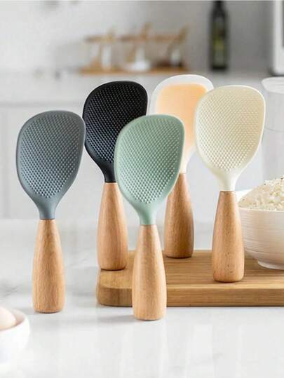 Wooden Handle Upright Rice Spoon, Non-Stick Kitchen Utensil