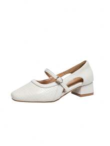 百搭厚底凉鞋，复古编织镂空绑带方头玛丽珍鞋，时尚办公服饰 - 米色 - 查看 9