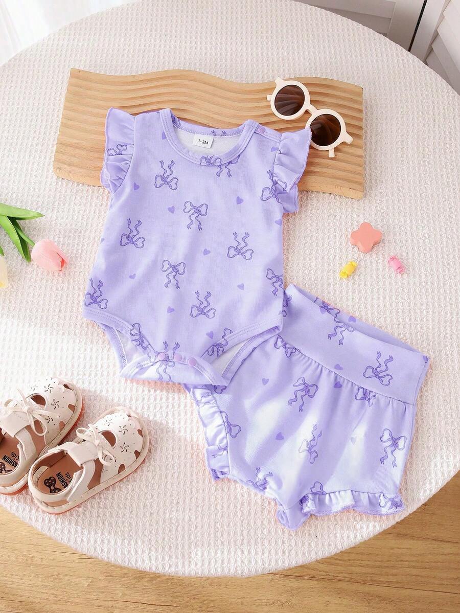Bộ đồ 2 món cho bé gái, áo liền quần trễ vai xếp ly in hình bướm hồng dễ thương với quần short cạp cao, chất liệu mềm mại và thoáng khí, phù hợp cho bé gái mặc đi chơi hàng ngày. - Màu Lilac Tím - Xem 1